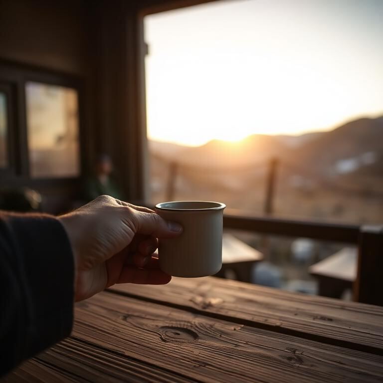 Hand mit Kaffeetasse auf einer Holztheke im Basecamp bei Sonnenaufgang