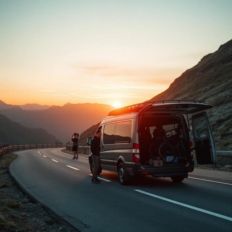 Shuttle-Van mit Radträger auf einer Bergstraße im Morgenlicht