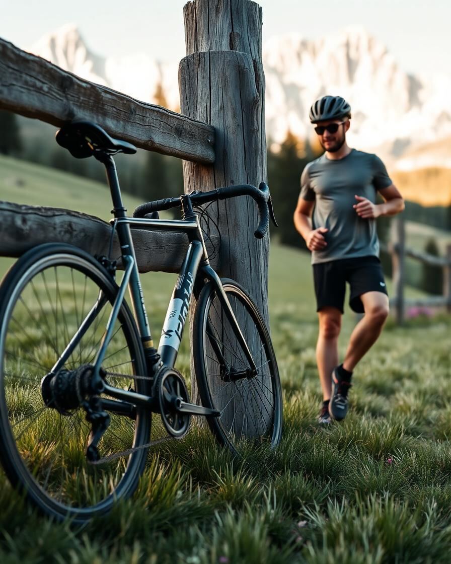Rennrad am Weidezaun, Läufer startet auf die Wiese