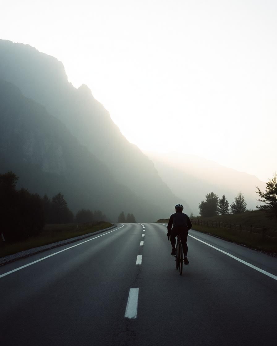 Rennradfahrer auf leerer Alpenstraße im Morgendunst