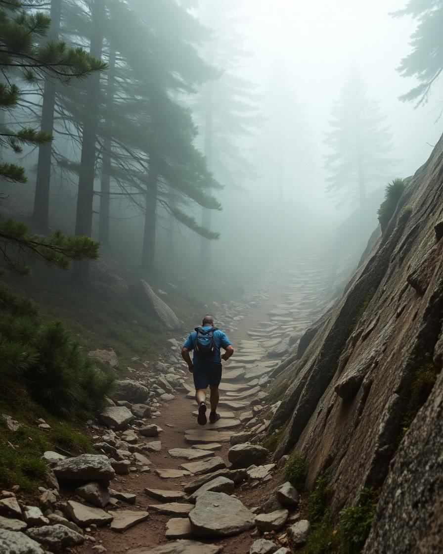Trailrunner auf steinigem Steig im Nebelwald