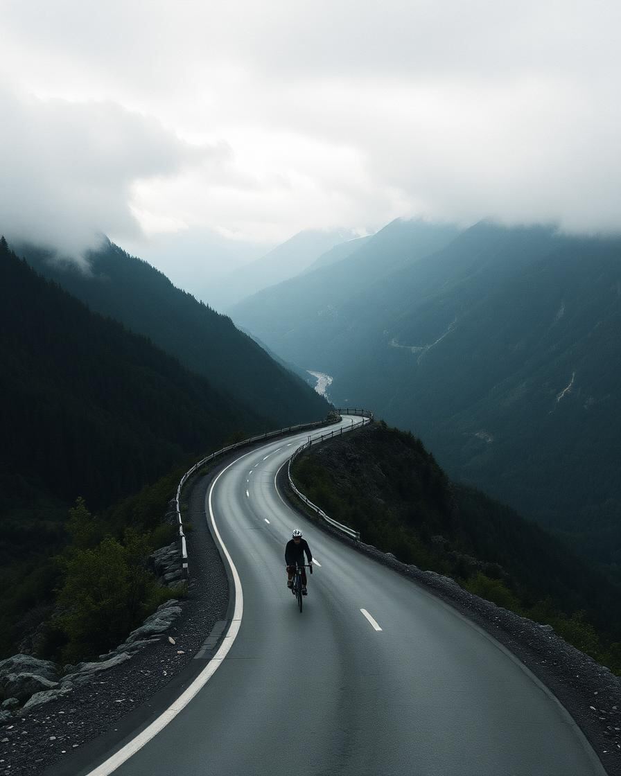 Rennradfahrer in einer langen Serpentine über einem Wolkental