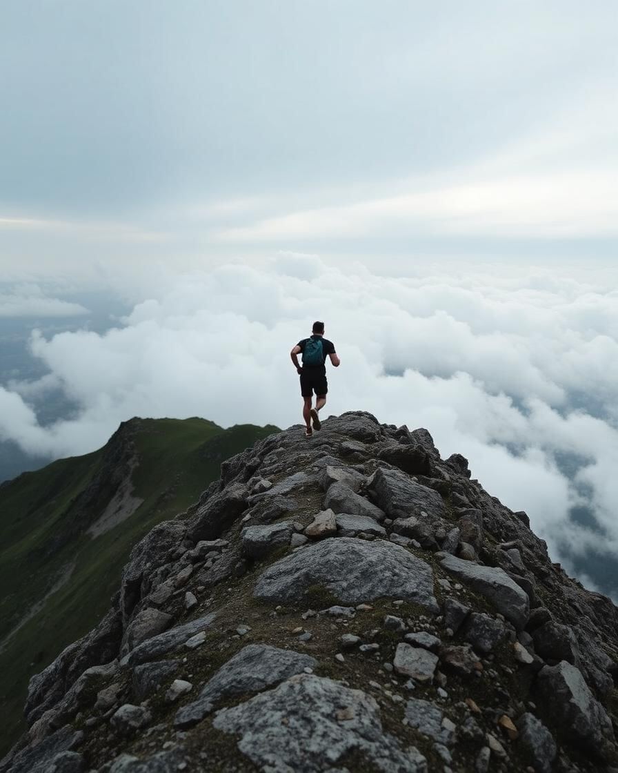 Trailrunner auf einem Felsgrat über dem Wolkenmeer