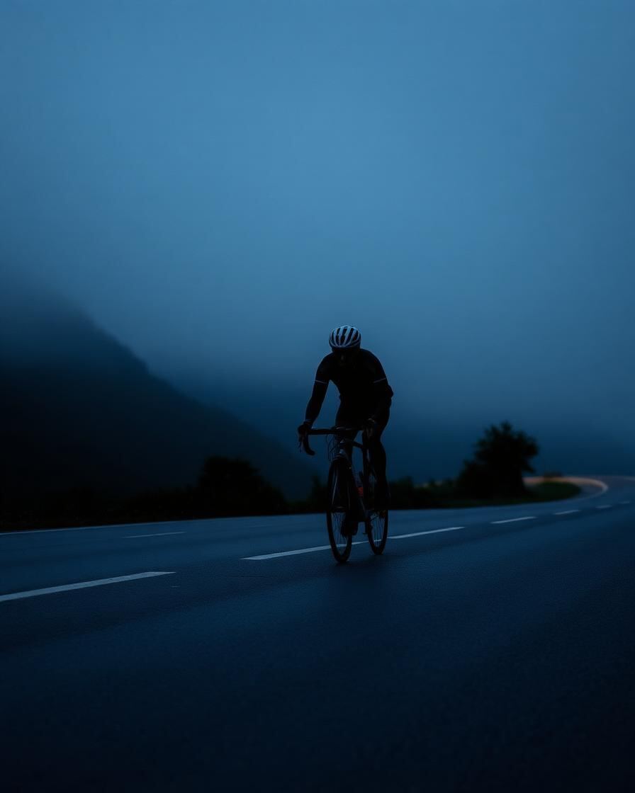 Radfahrer in der Dämmerung auf nasser Bergstraße