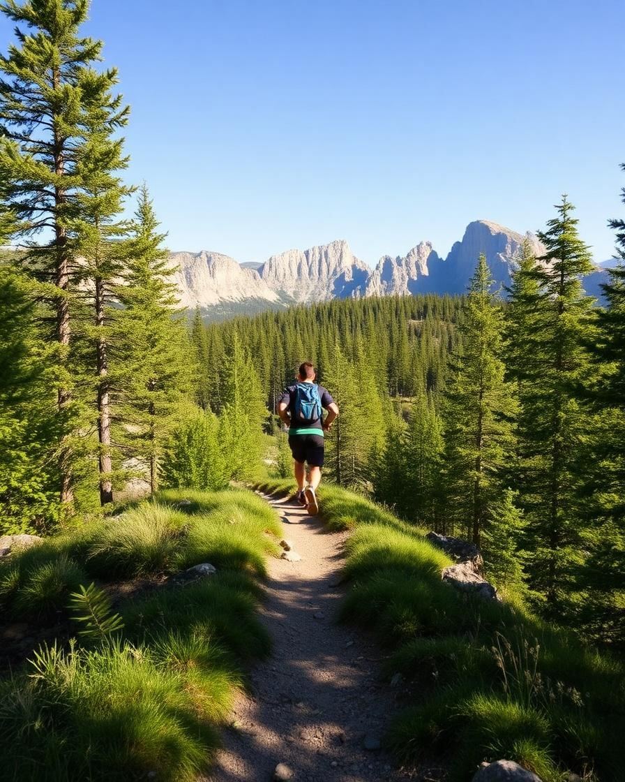 Läuferin auf einem breiten Waldsteig Richtung Plateau