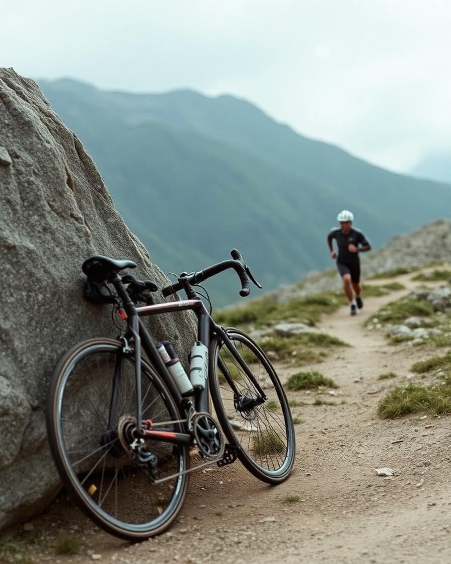 Rennrad am Fels, Läufer startet auf den Bergtrail