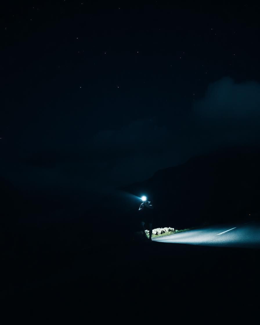 Nachtfahrt mit Stirnlampe auf dunkler Bergstraße