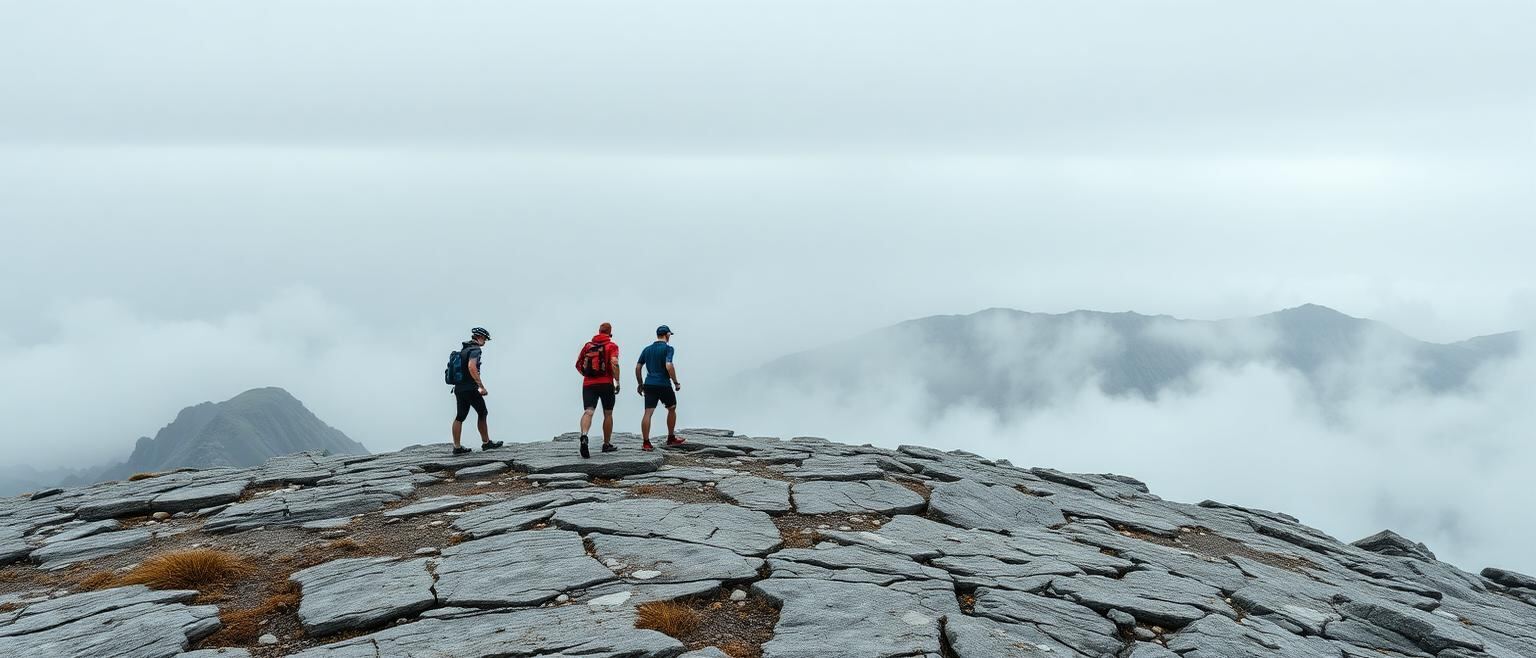 Gruppe von Athleten auf einem Gipfelplateau über dem Wolkenmeer