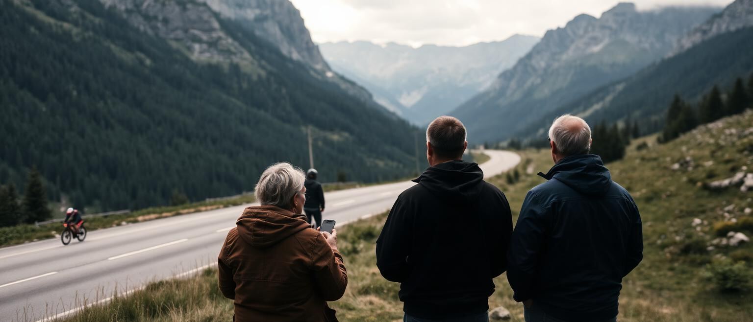 Fans am Straßenrand verfolgen mit dem Smartphone einen Athleten in der RAX Region