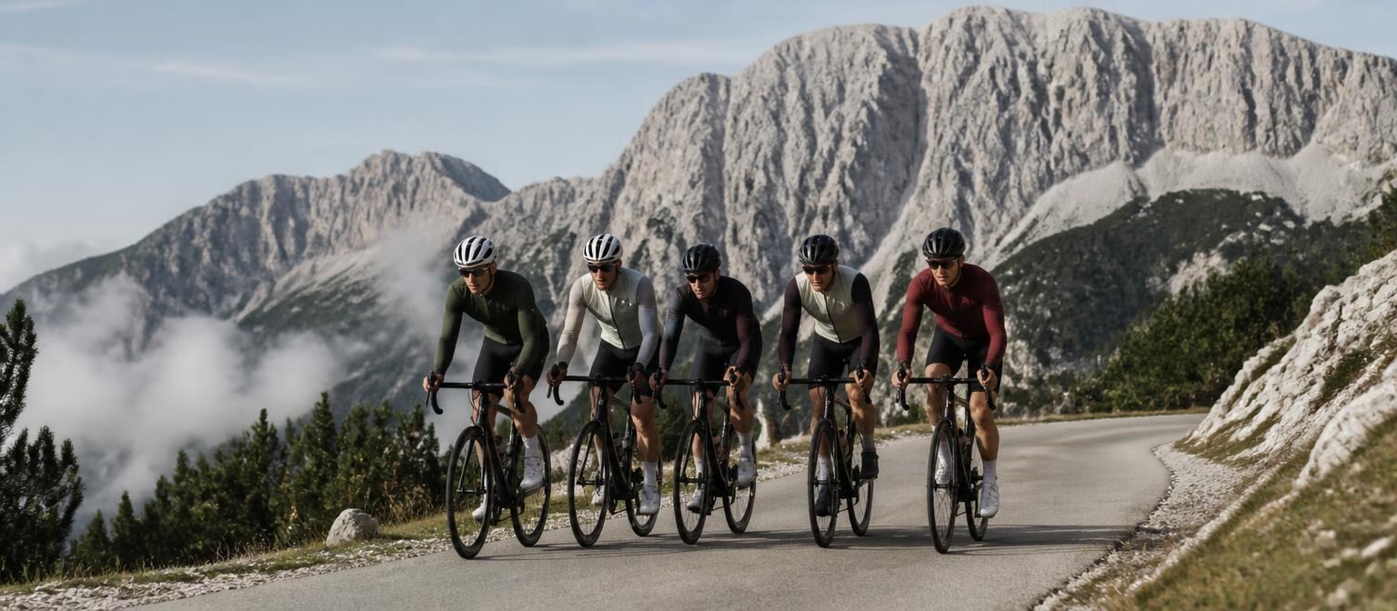 Fünf Rennradfahrer nebeneinander auf einer Alpenstraße vor den Kalkwänden der Rax