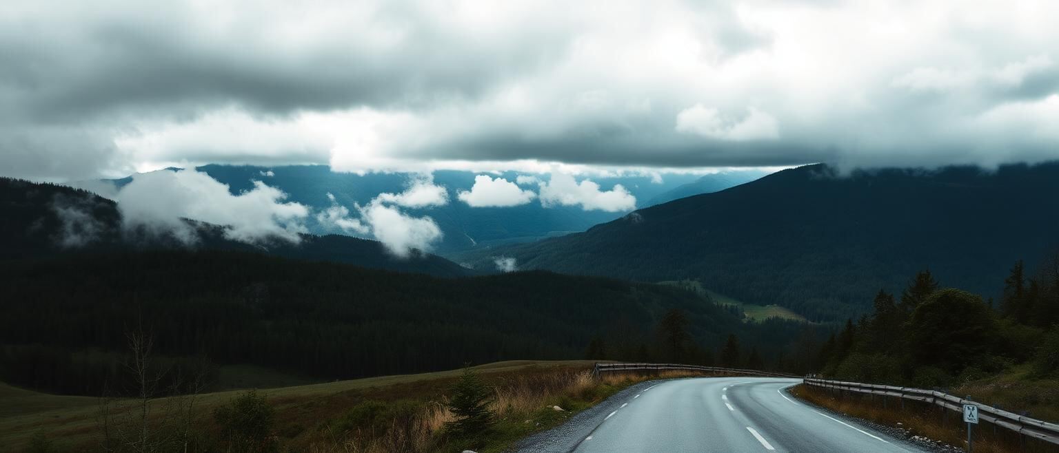 Wolkenband zieht über die bewaldeten Hänge der RAX Region, nasse Bergstraße im Vordergrund