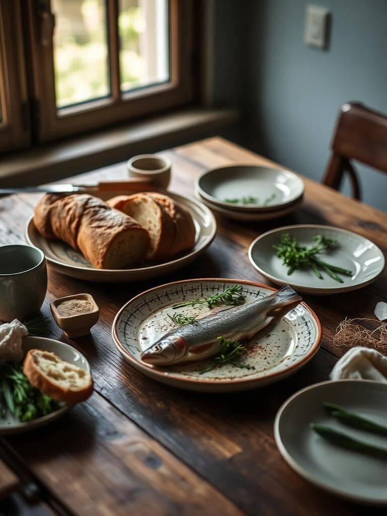 Regionale Jause mit Brot, Forelle und Kräutern auf Holztisch