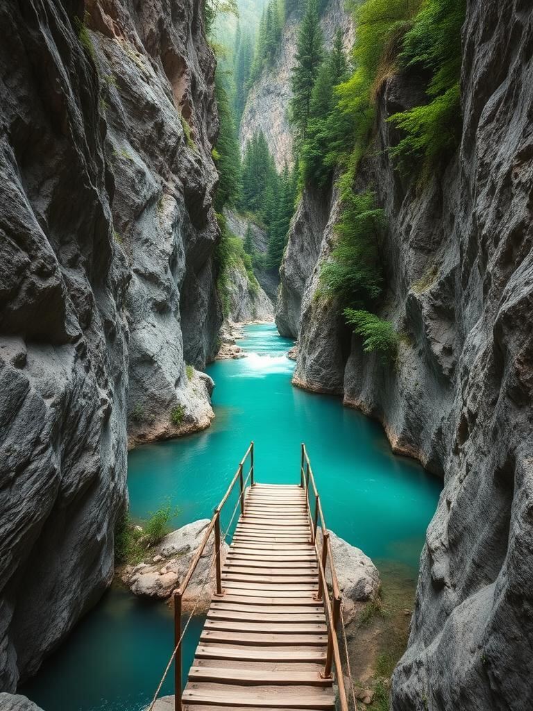 Schlucht mit türkisem Gebirgsbach und Holzsteg