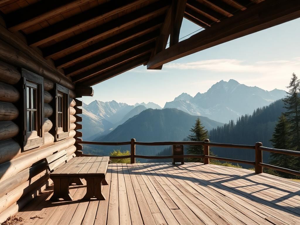 Berghütte mit Holzterrasse und Blick auf das Bergpanorama