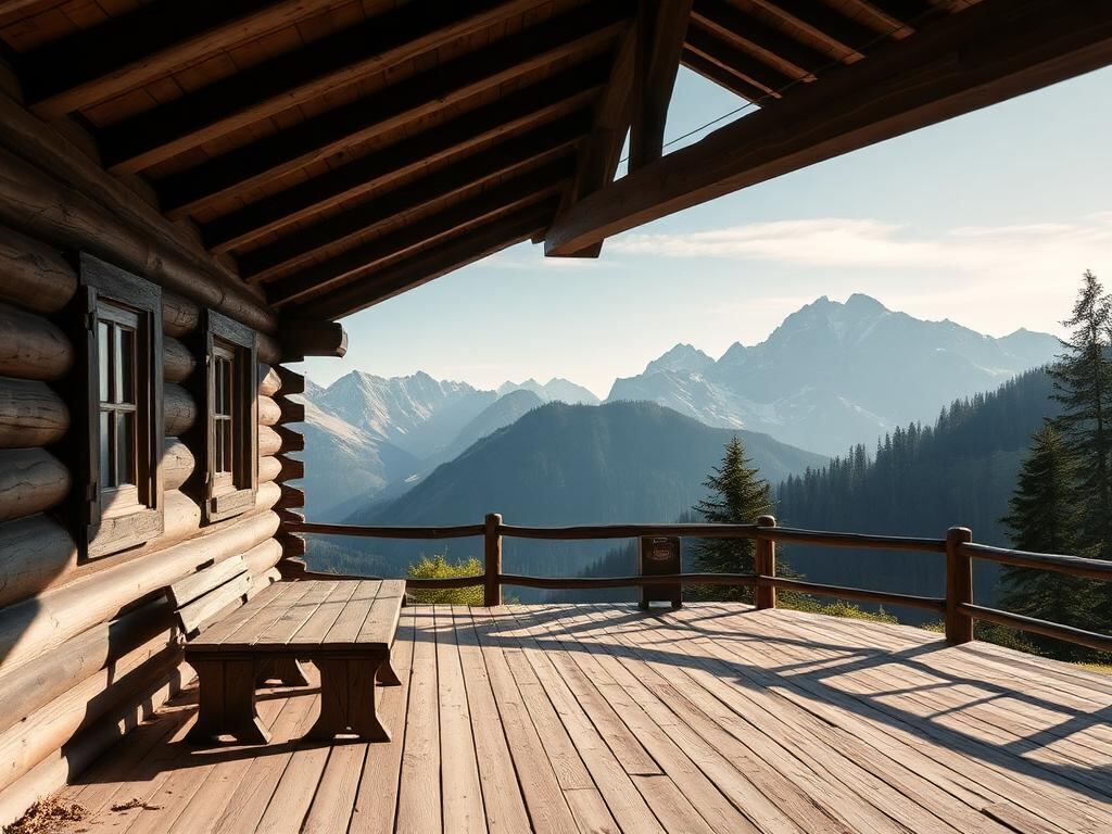 Berghütte mit Holzterrasse und Blick auf das Bergpanorama