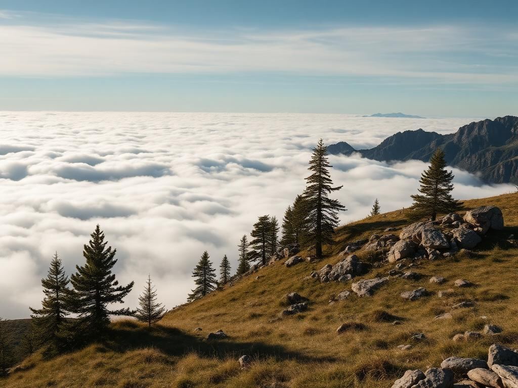Kalkplateau über dem Wolkenmeer mit einzelnen Latschen