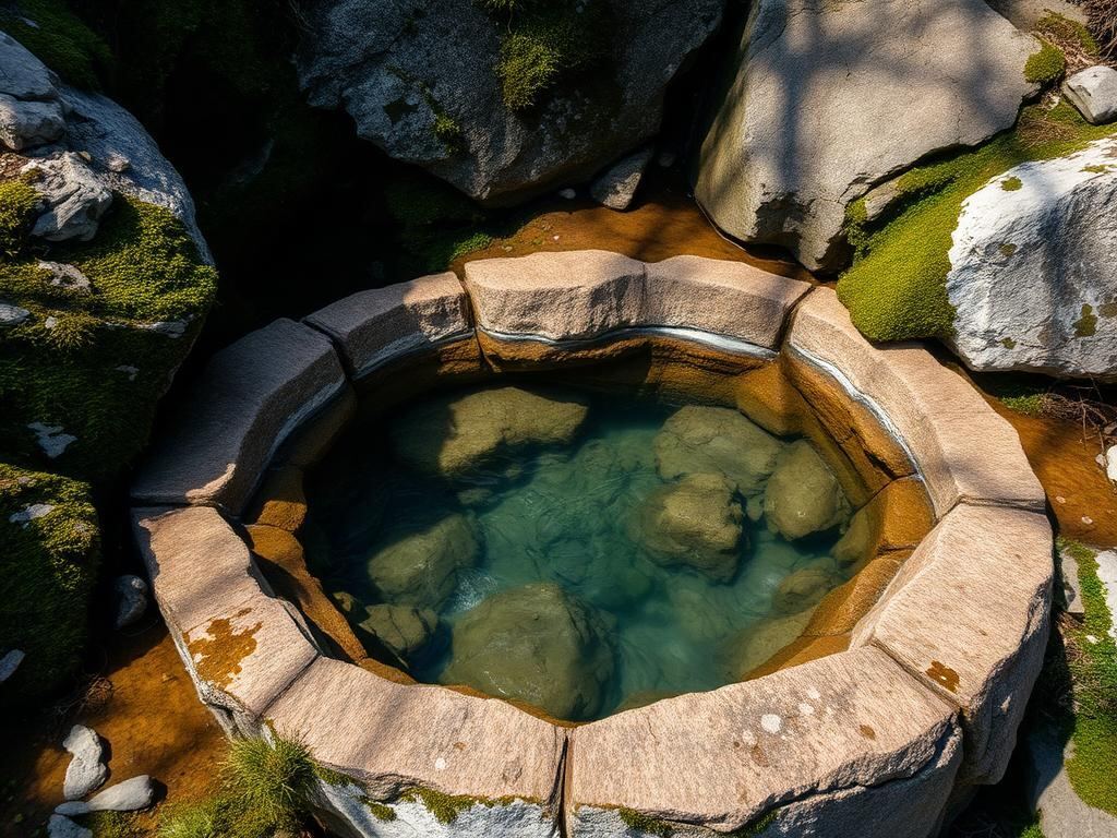 Klare Quelle in moosigen Felsen mit steinernem Becken