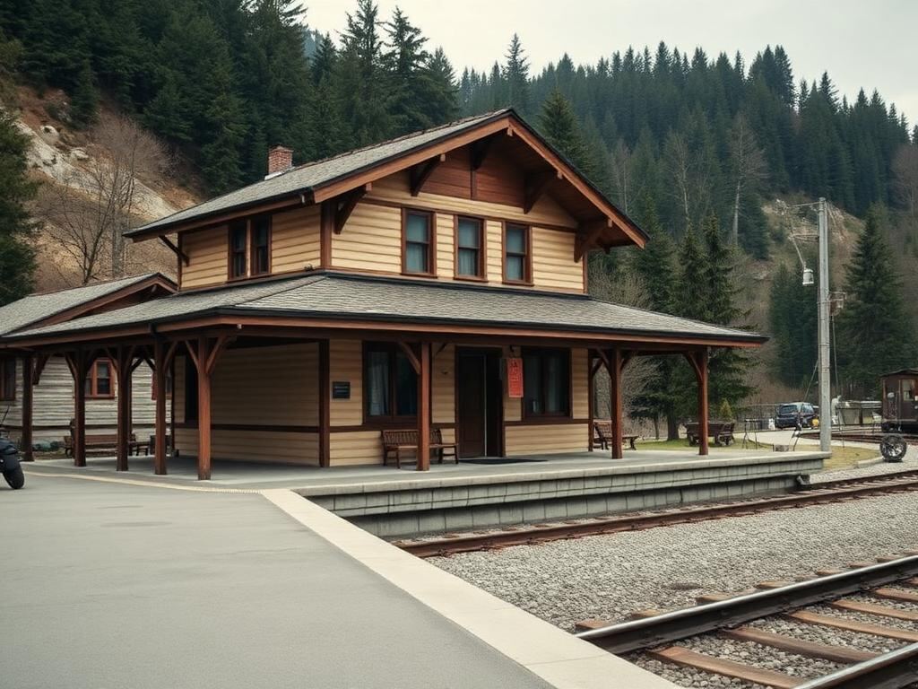 Historisches Bahnhofsgebäude mit Holzvordach und Bahnsteig