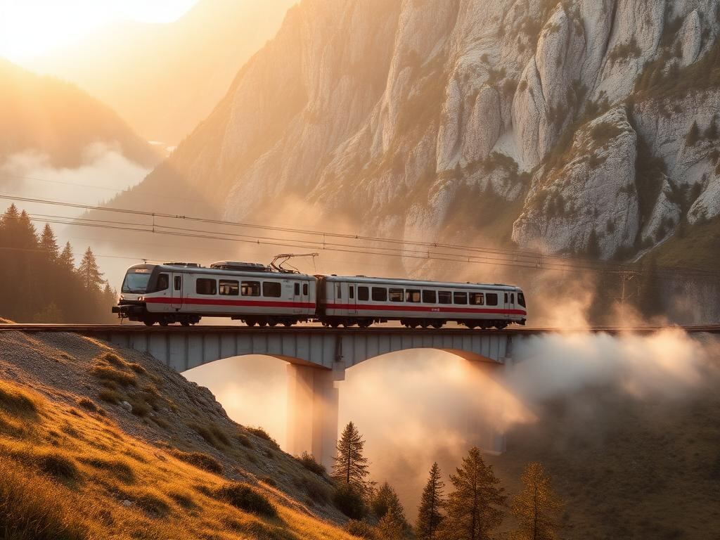 Regionalzug im Morgenlicht auf der Gebirgsbahnstrecke