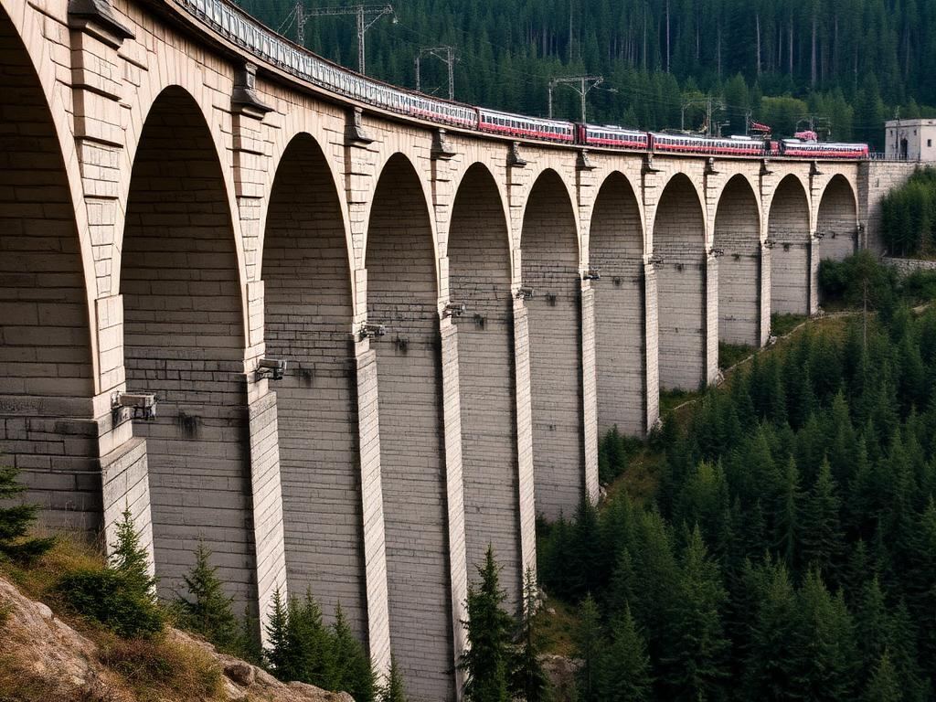 Steinerner Bogenviadukt der Semmeringbahn über einem bewaldeten Tal