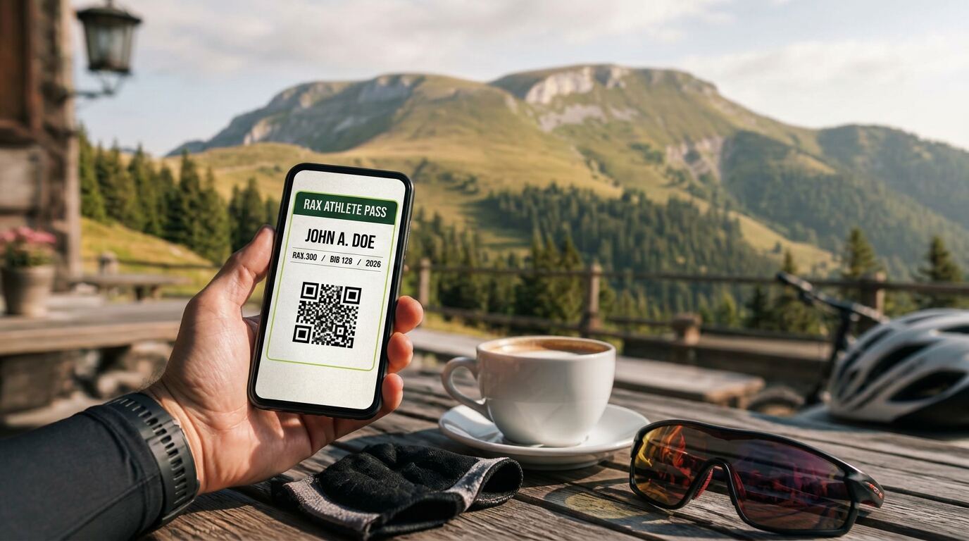 Hand hält ein Smartphone mit QR-Code an einem Holztisch im Bergcafé, Kaffee, Radhandschuhe und Brille daneben