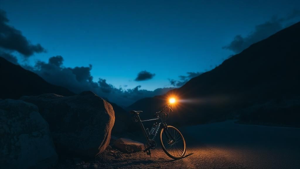 Rennrad im Dämmerlicht am Straßenrand mit Lichtkegel
