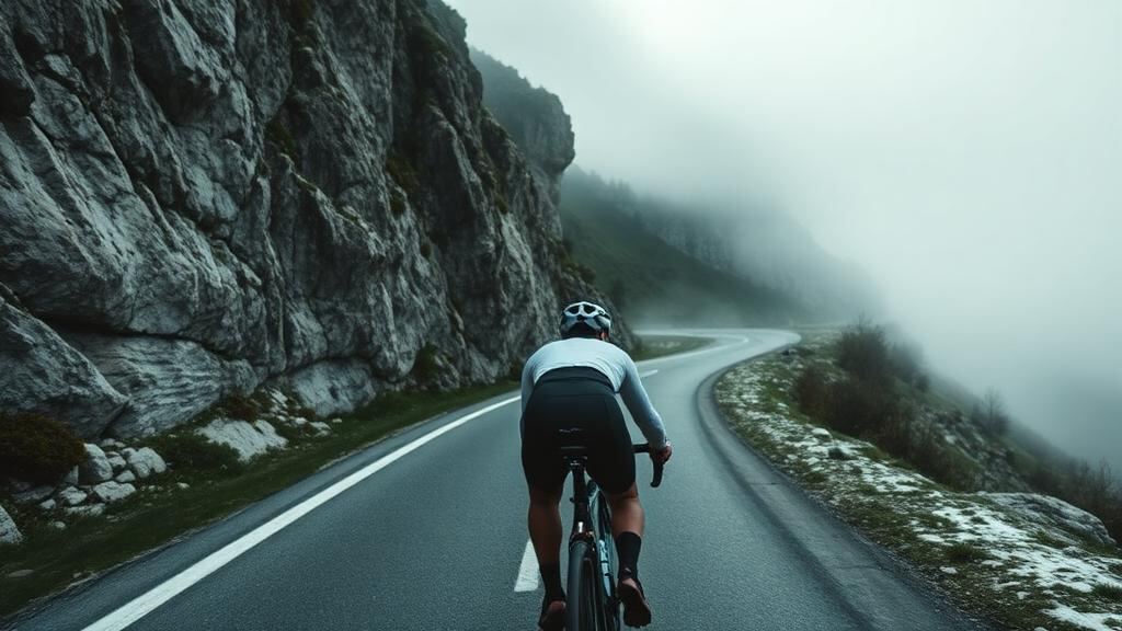 Rennradfahrer im Anstieg an einer Felswand