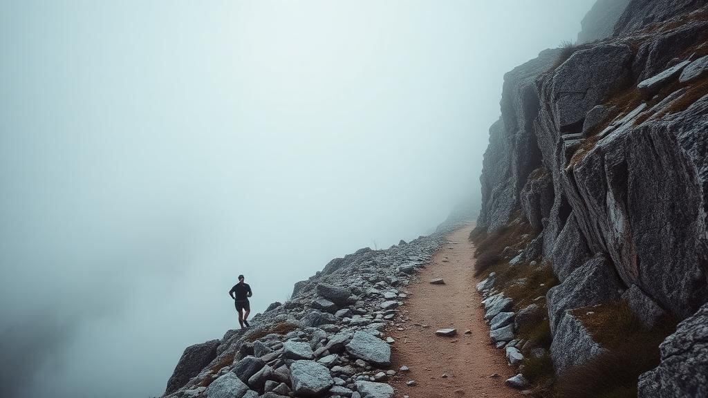 Trailrunner auf einem felsigen Gratweg im Nebel